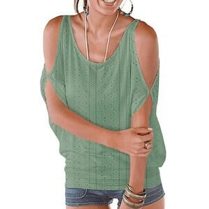 NWOT Miselon Medium Light/Dusty Green Cold Shoulder Eyelet Summer Top [0171]